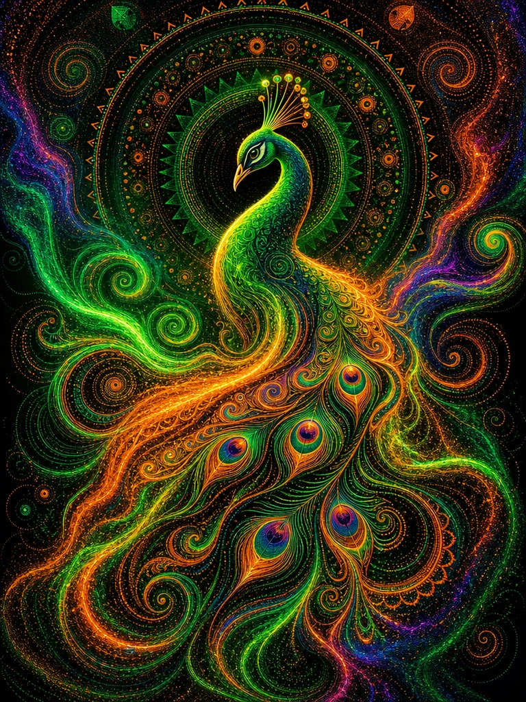 Abstract neon peacock silhouette in flowing liquid sand art