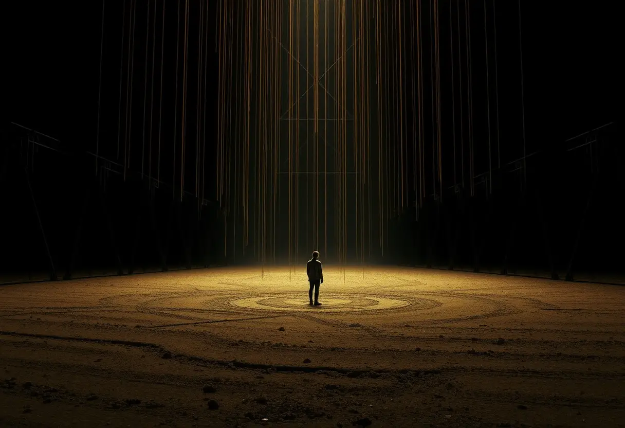 Enoch stands beneath narrow golden light in endless darkness