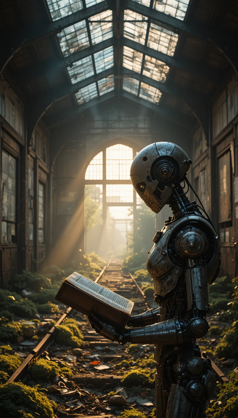 Lonely robot with a book in an abandoned train station
