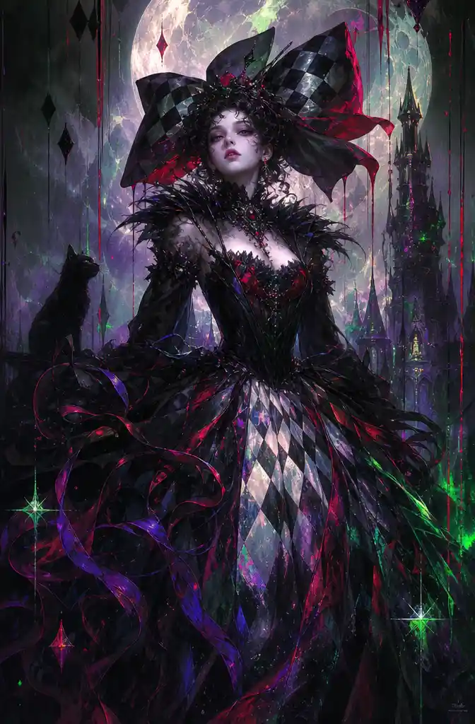 Dark gothic fashion woman with surreal diamond patterns