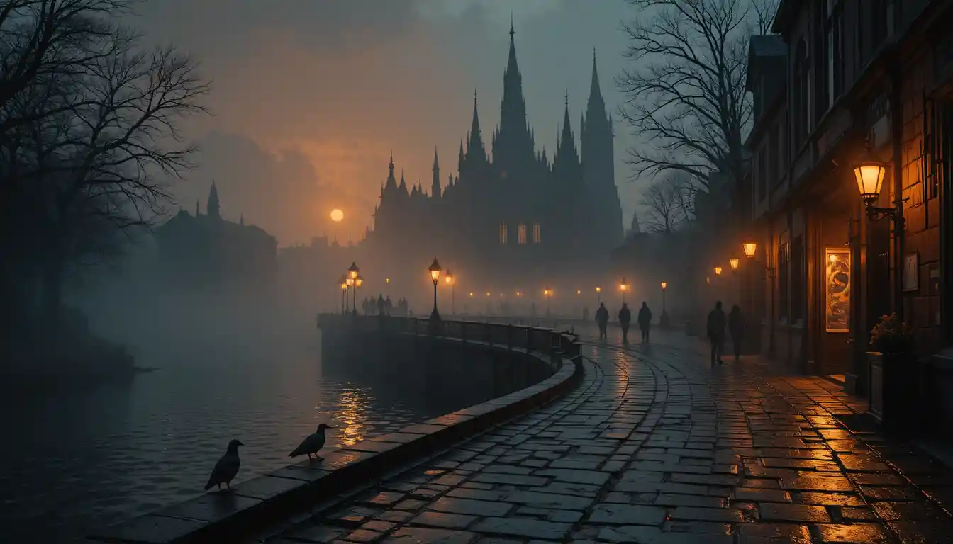 Foggy riverside path with gothic building and gas lamps