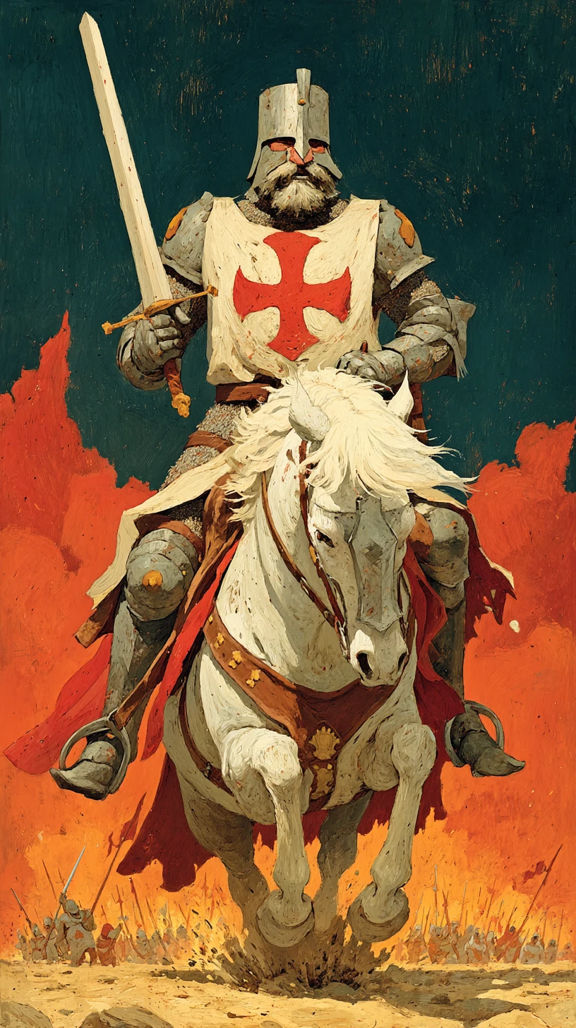 Crusader Knight On Rearing White Horse Over Burning Battlefield