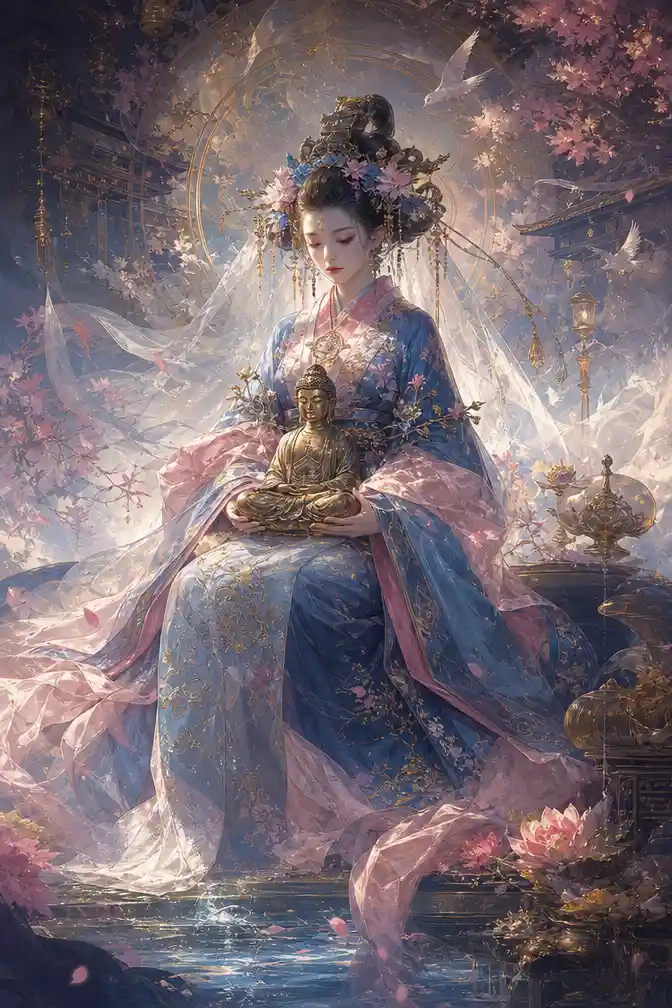 Surreal geisha in kimono holding a Buddha statue