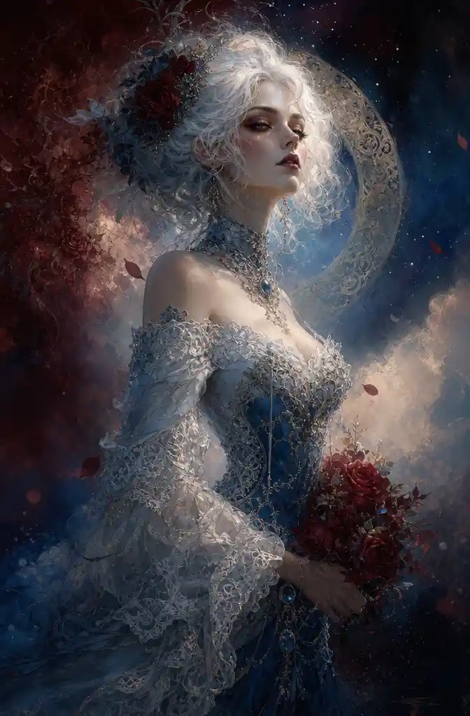 Gothic fantasy woman in white and blue lace dress