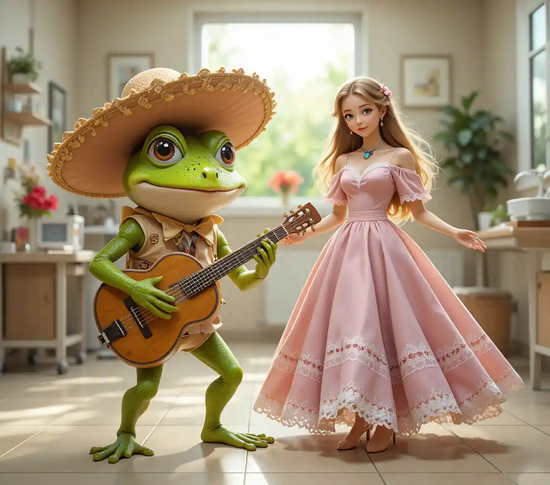 Anime girl dancing with a banjo playing frog