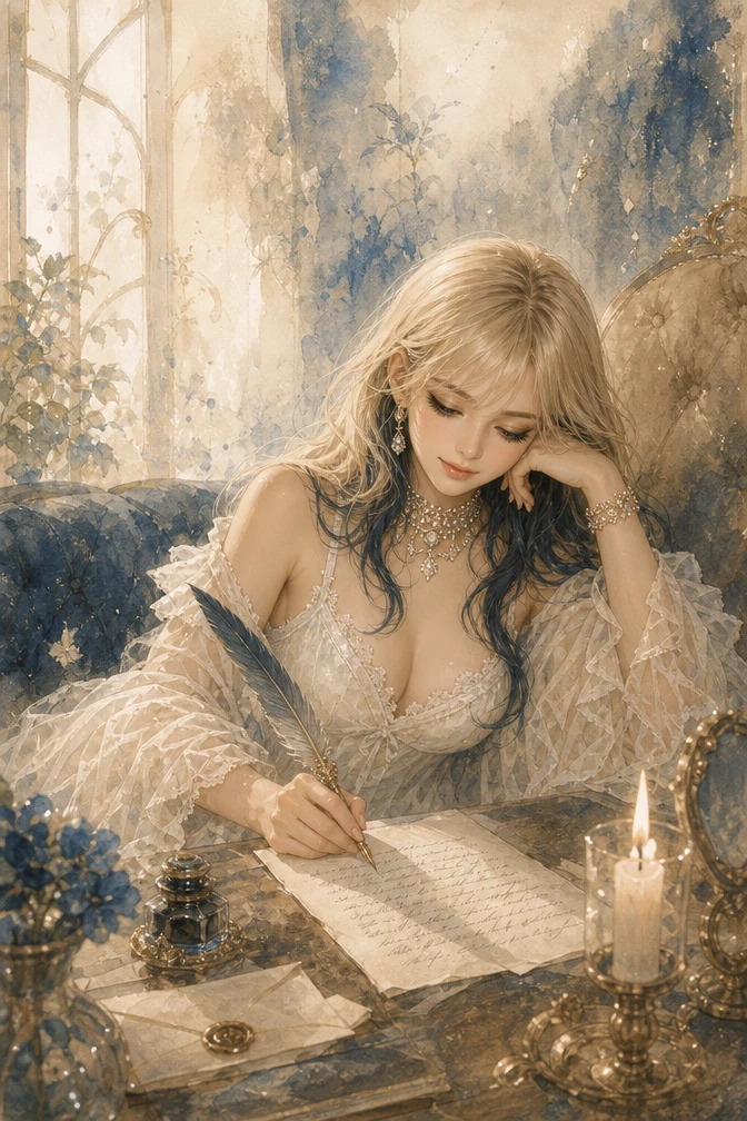 Romantic girl writing a letter at her cozy home desk