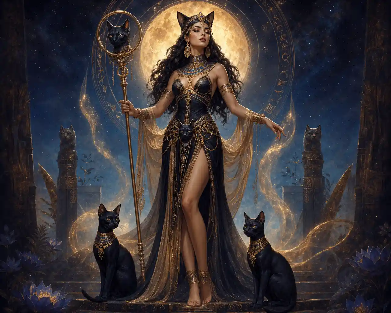 Young woman as Bastet in dark romantic digital painting