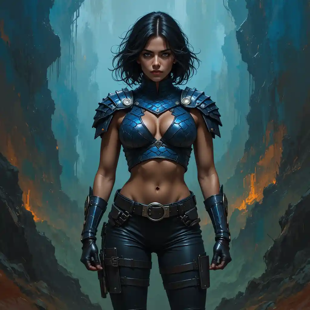 Armored young warrior woman with intense direct gaze