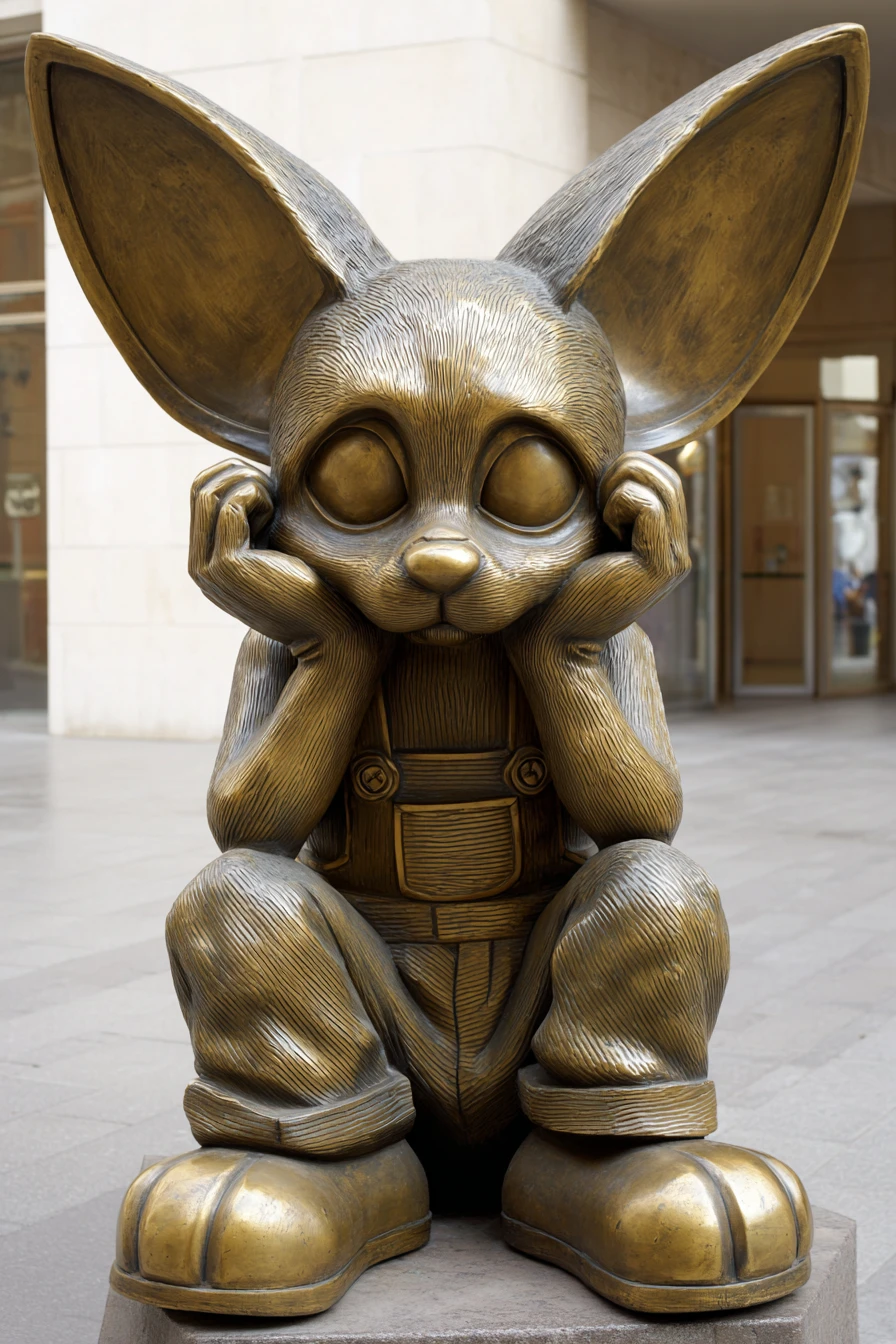 Stylized fennec fox figure sitting pensively with huge ears