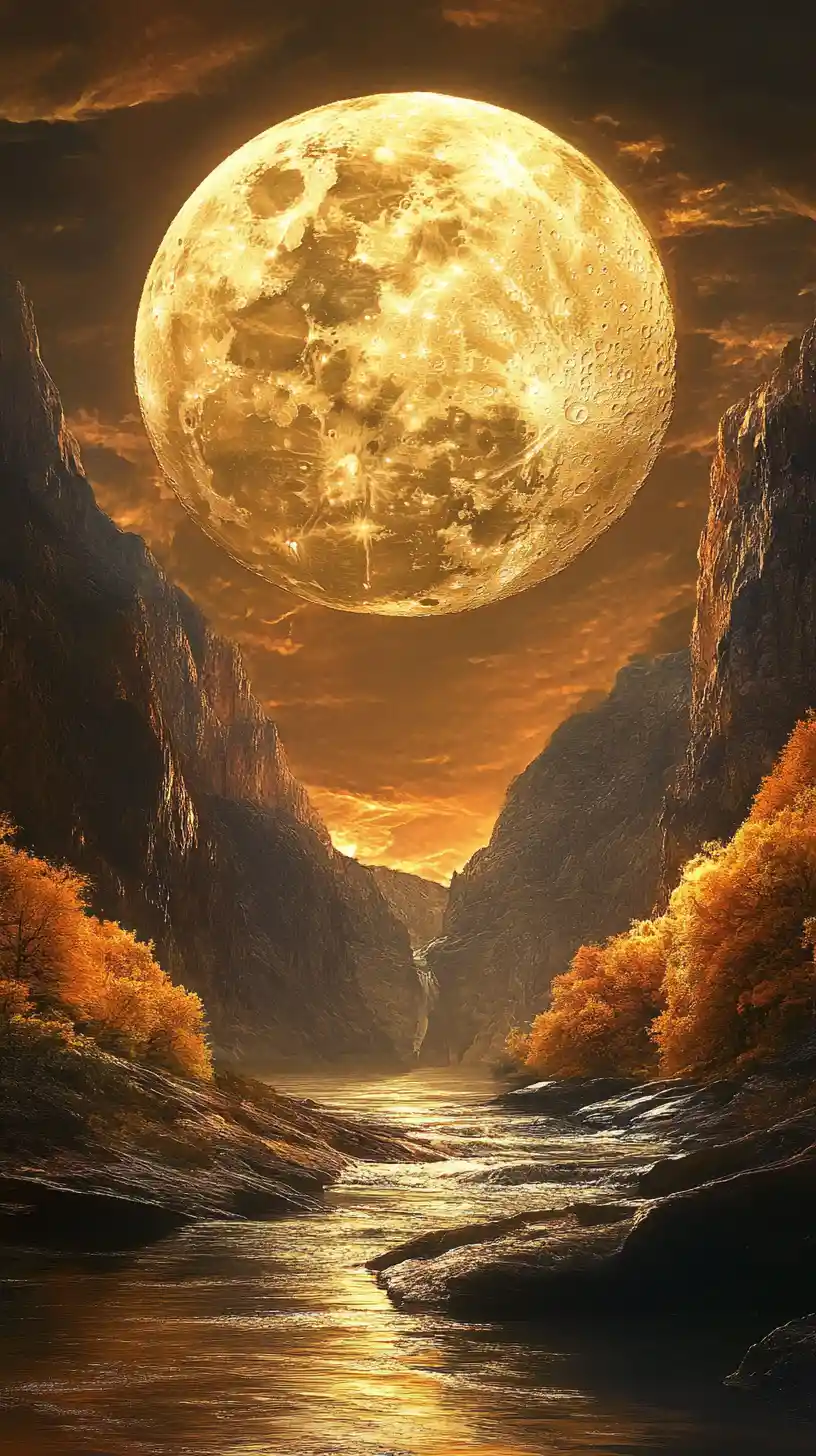 Golden full moon above a narrow river canyon