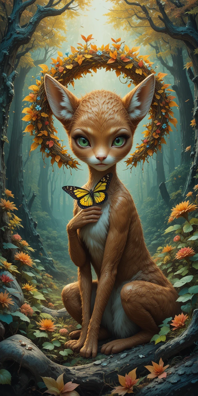 Fillette biche anthropomorphe tenant un papillon lumineux dans la forêt