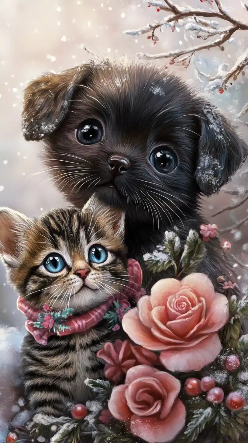 Playful puppy and kitten in a bright snowy fantasy scene