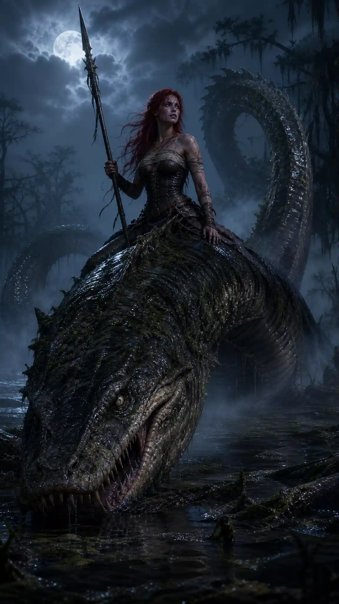 Red haired warrior riding a sea serpent in swamp mist