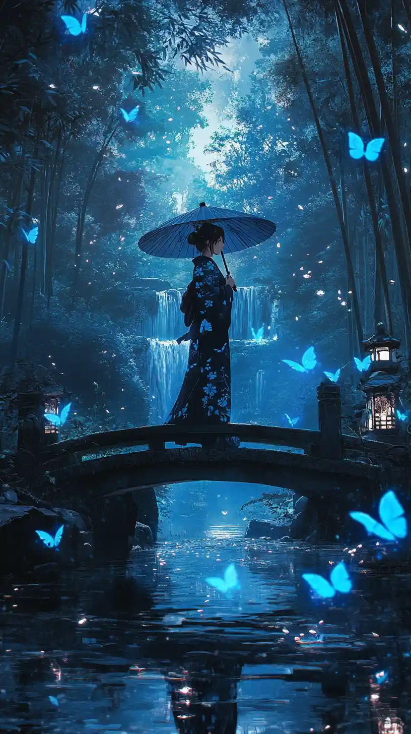Woman in blue kimono on bridge in bamboo forest