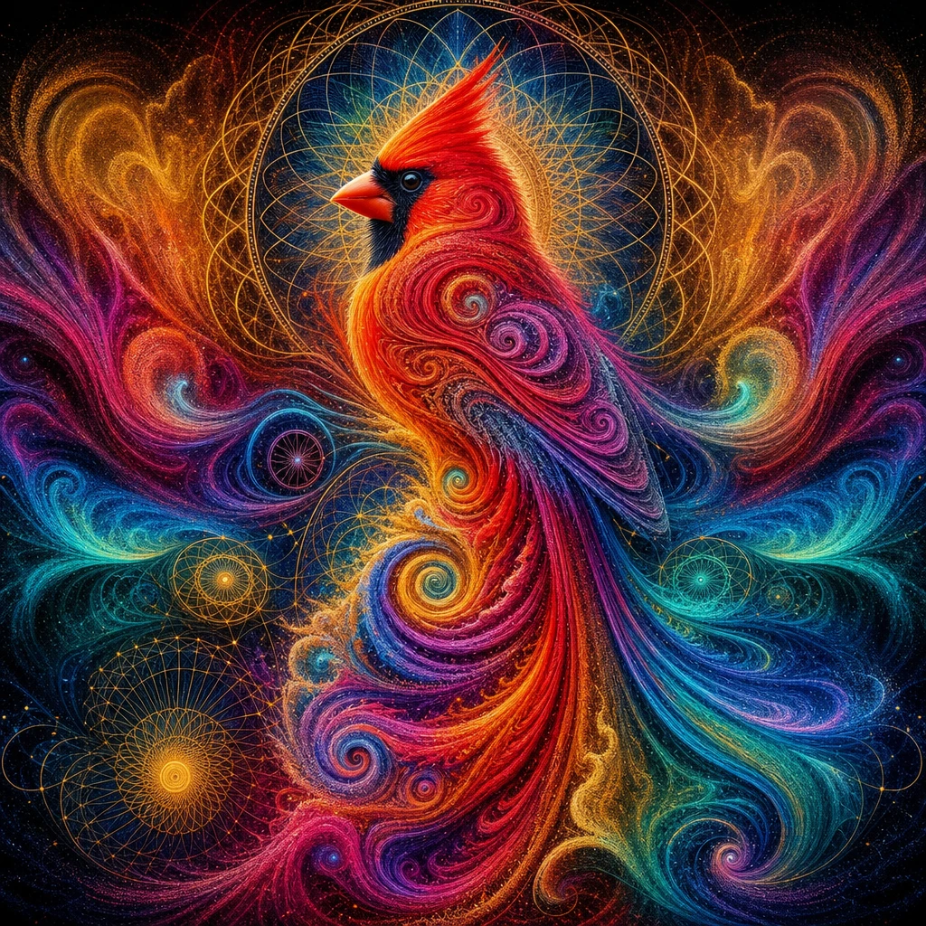 Abstract liquid sand cardinal with vibrant spiral patterns