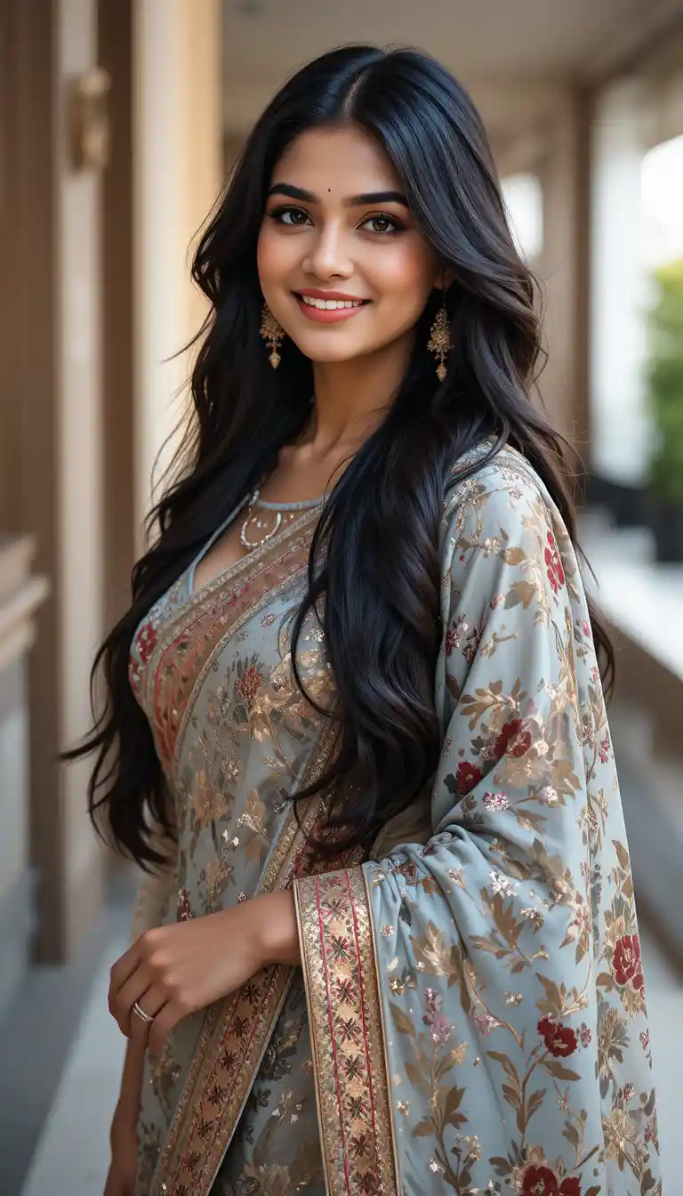 Elegant Indian woman smiling with long dark flowing hair