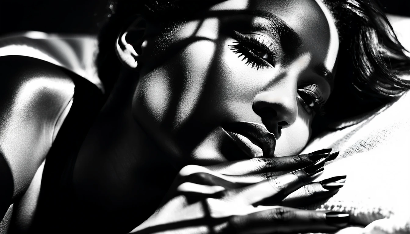 Black and white close up portrait of a resting woman