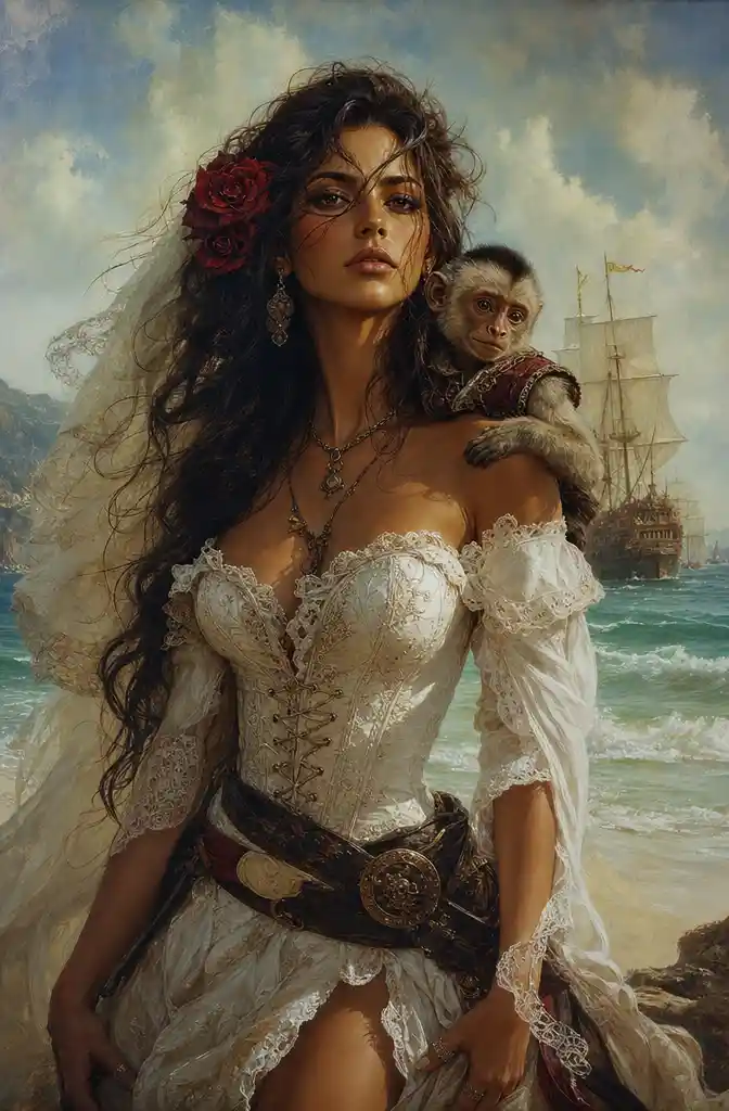 Pirate bride in white lace dress with monkey on beach