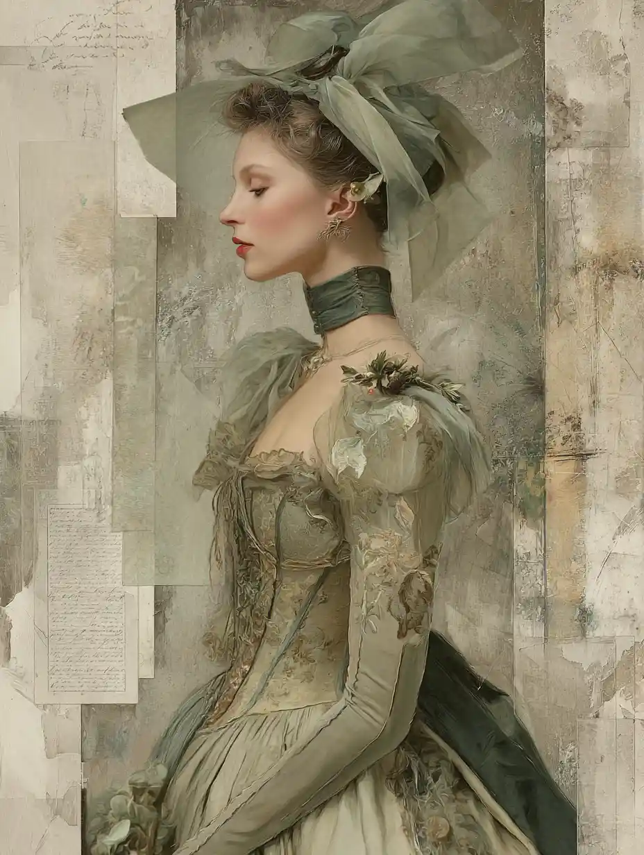 Elegant mixed media portrait of a woman in sage couture