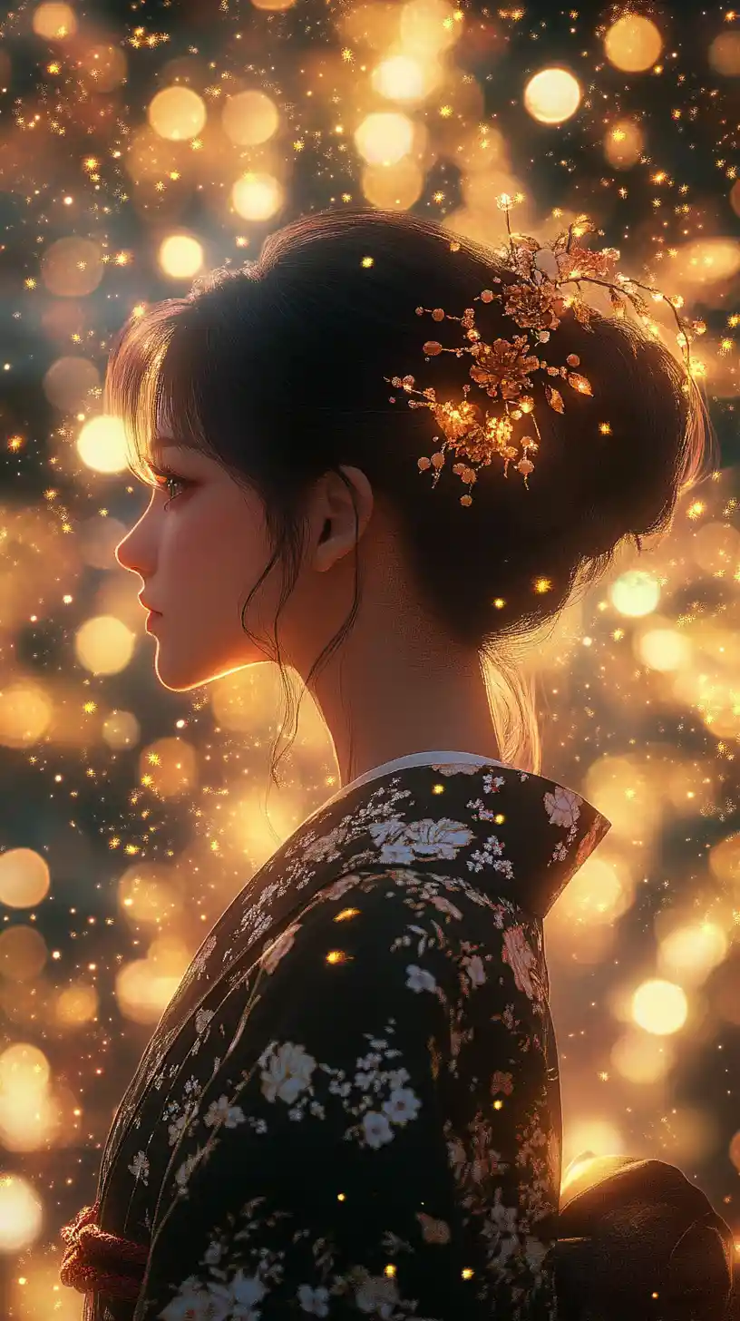 Anime girl in kimono amid glowing fireflies at night