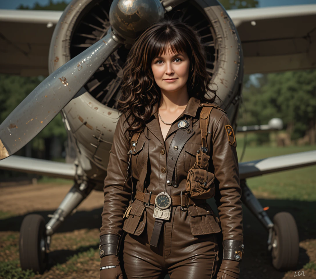 Female jungle pilot posing with propeller aircraft