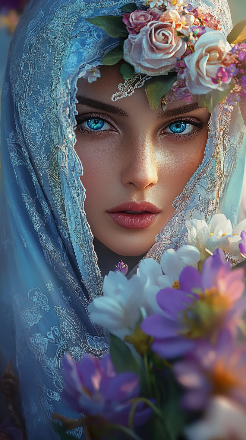 Veiled girl with teal eyes holding flowers in garden