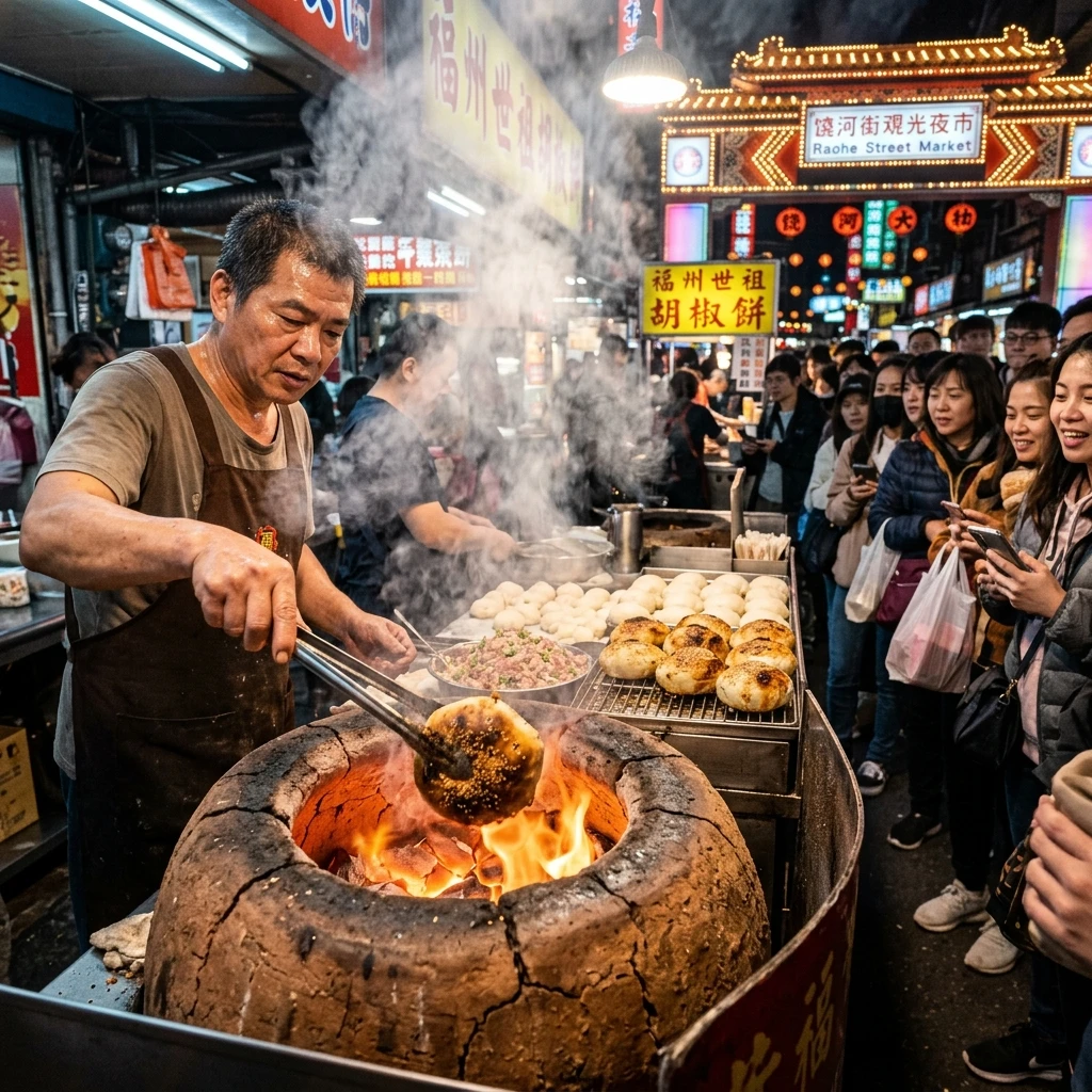 Taiwan street market pepper bun stall with glowing charcoal