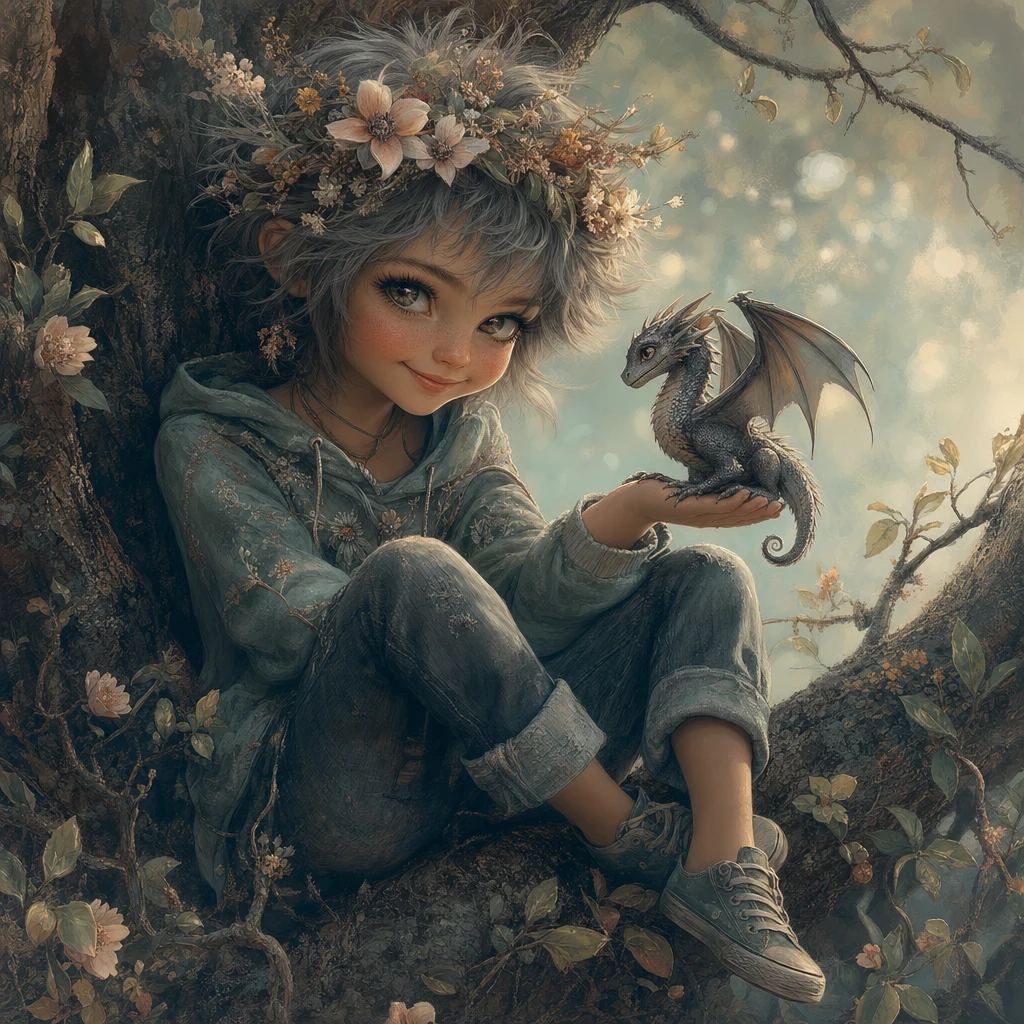 Mischievous girl with little dragon sitting high in a tree