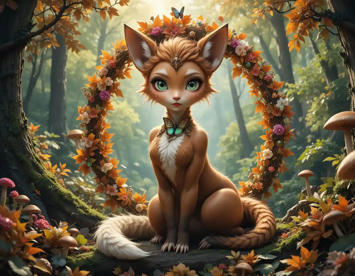 Anthropomorphic deer girl holding a glowing butterfly