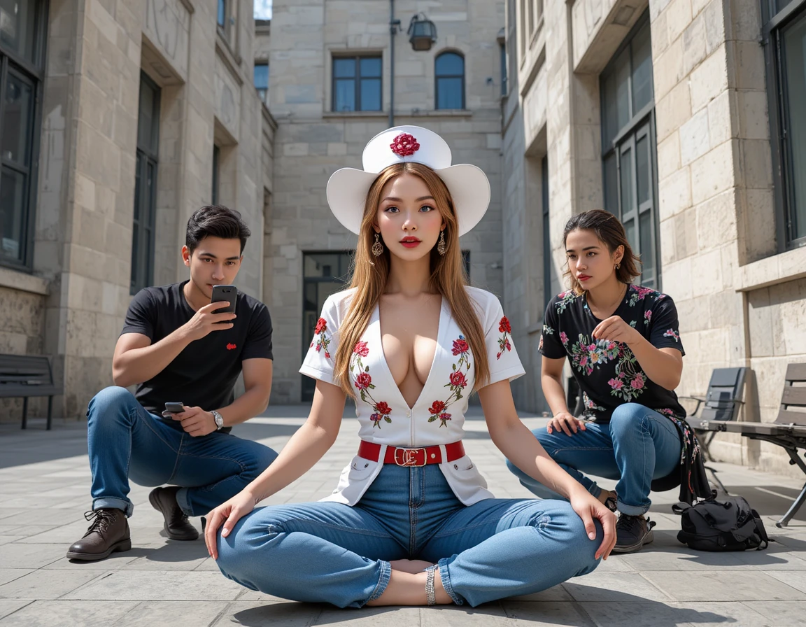 Friends relaxing on stone benches in sunny urban plaza