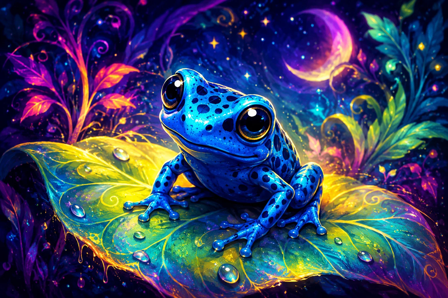 Cute blue poison dart frog on a glowing leaf illustration