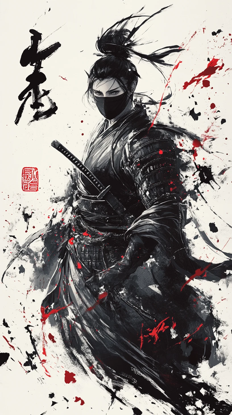 Masked warrior woman in black armor with ink splashes