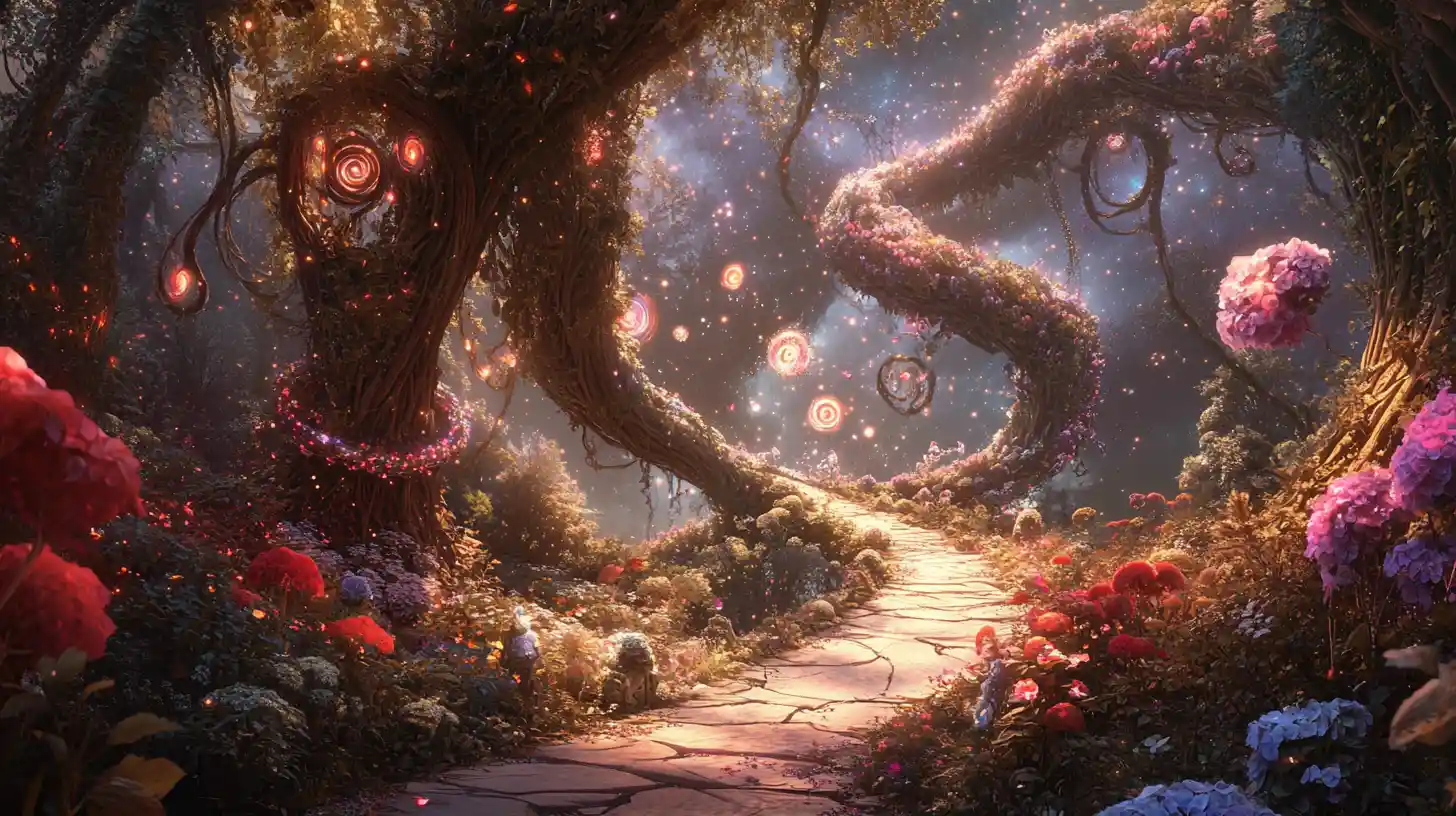 Surreal fantasy garden of looping paths and glowing vines