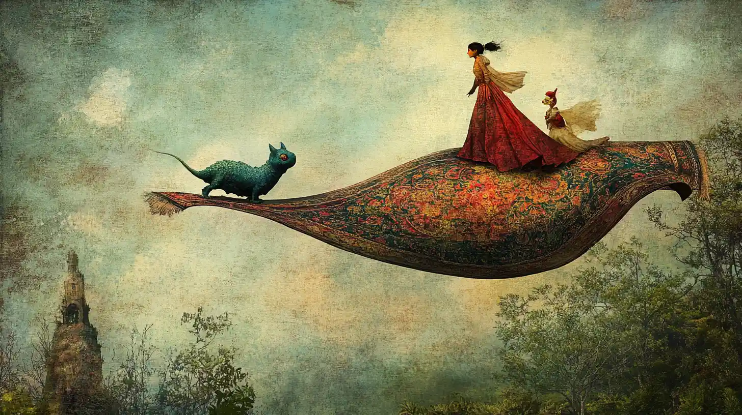 Woman on flying carpet above forest clearing commotion
