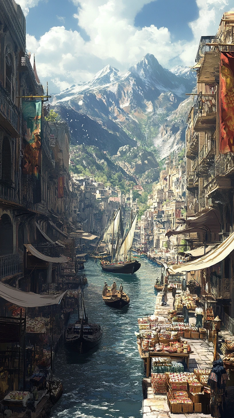 Anime Arab city street with canal boats and stalls