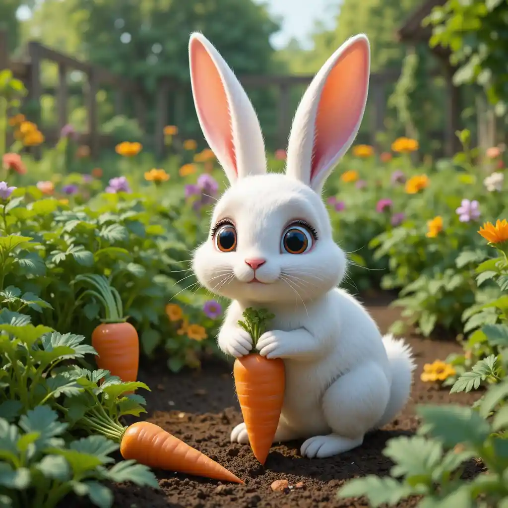 Cute White Rabbit With Giant Carrots In Vegetable Garden