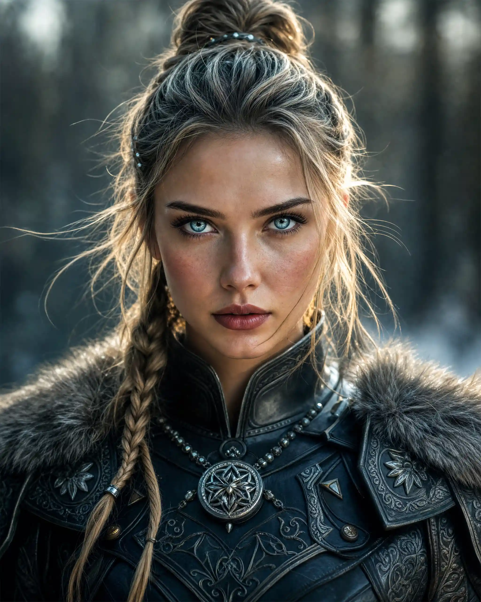 Northern warrior woman portrait in misty winter forest