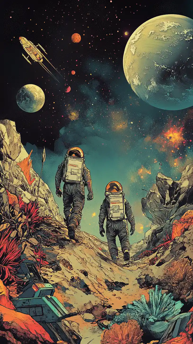 Astronauts Crossing An Alien World In Retro Comic Style