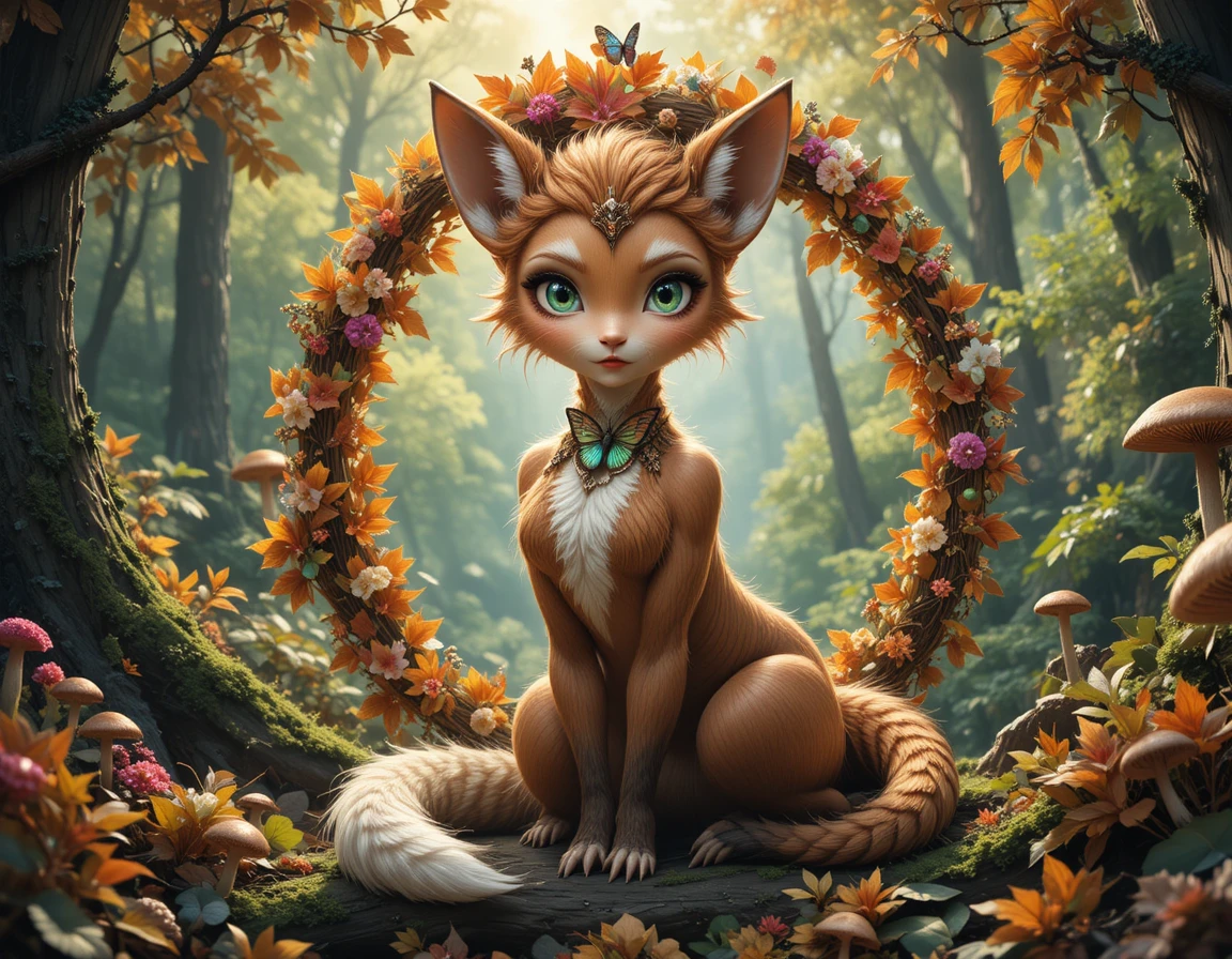 Anthropomorphic deer girl holding a glowing butterfly