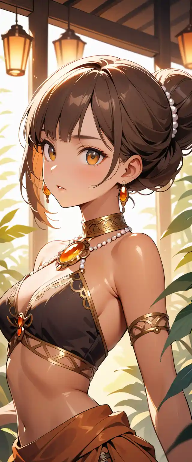 Southeast Asian woman in pearl halter top at golden hour