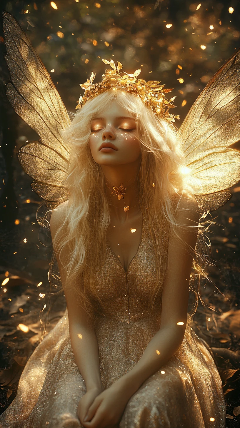 Golden haired fairy resting in a dark enchanted forest
