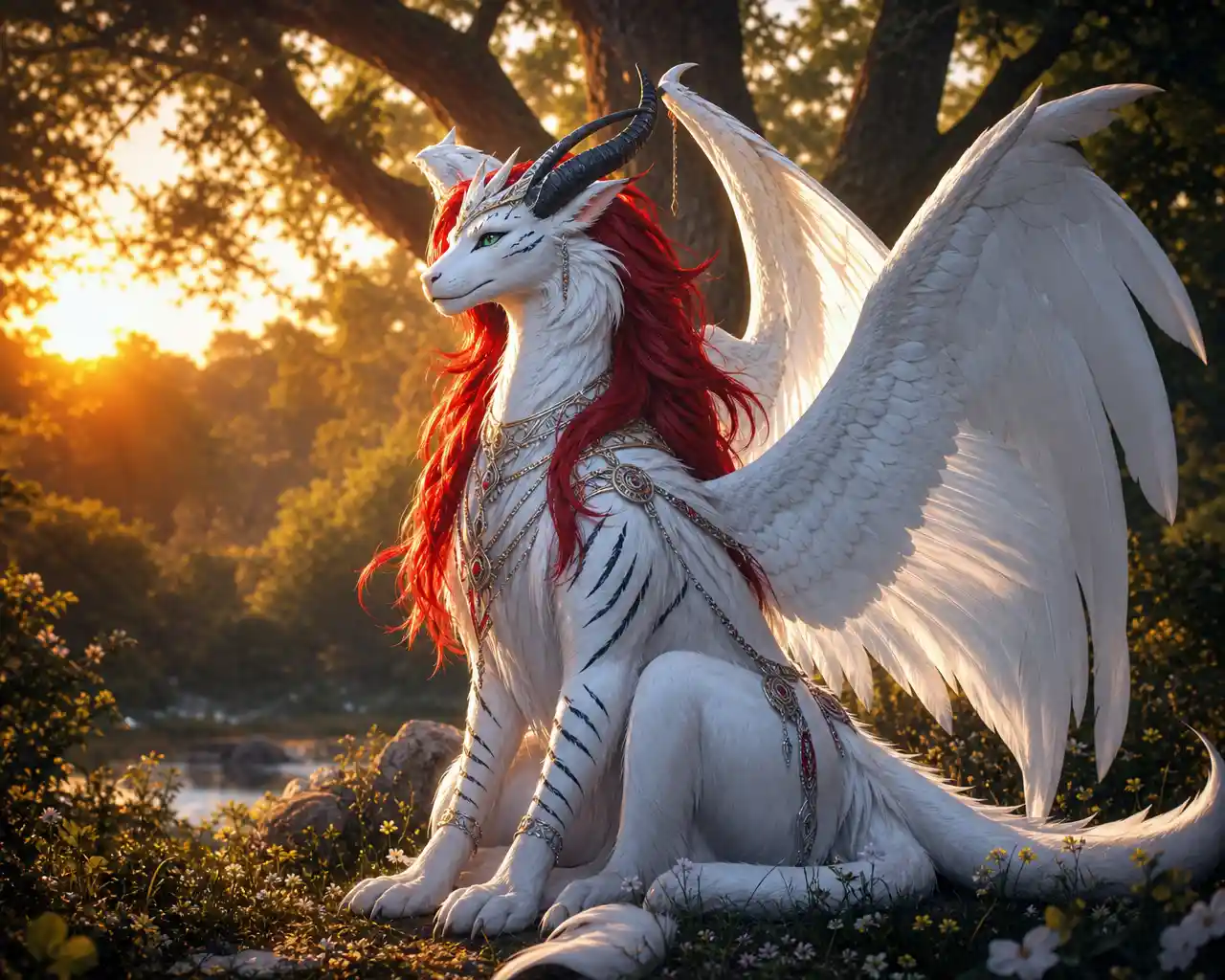 White dragon angel hybrid in a sunlit forest clearing