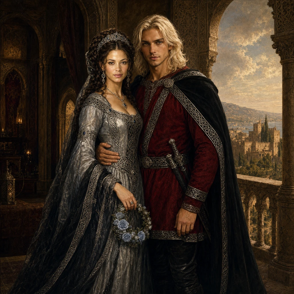 Renaissance style double portrait of noble couple on terrace