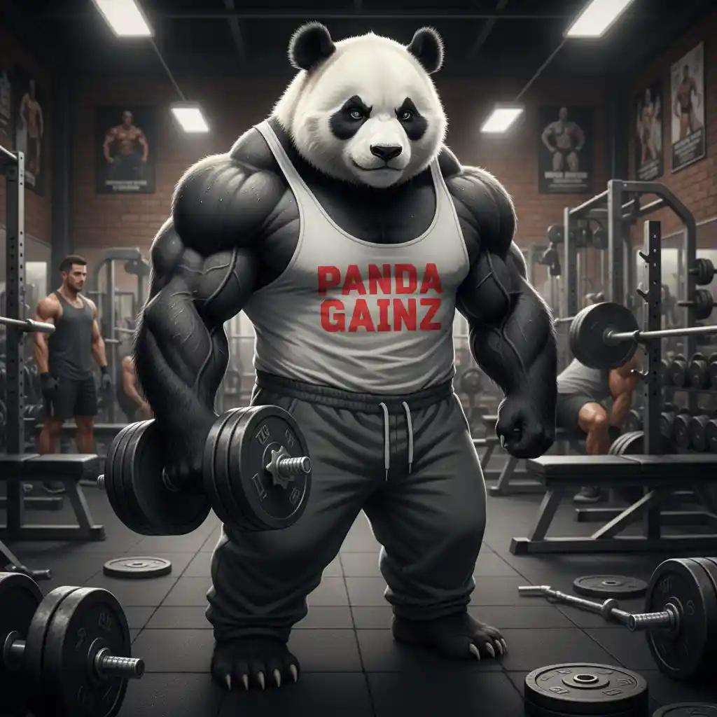 Muscular panda flexing with dumbbell in weightlifting gym