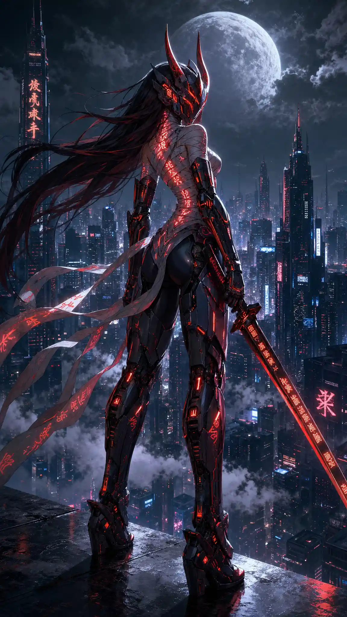 Anime warrior woman atop a platform over neon city