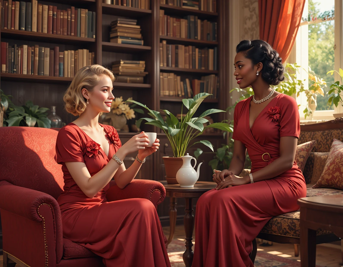 Two elegant women sharing tea in a vintage living room