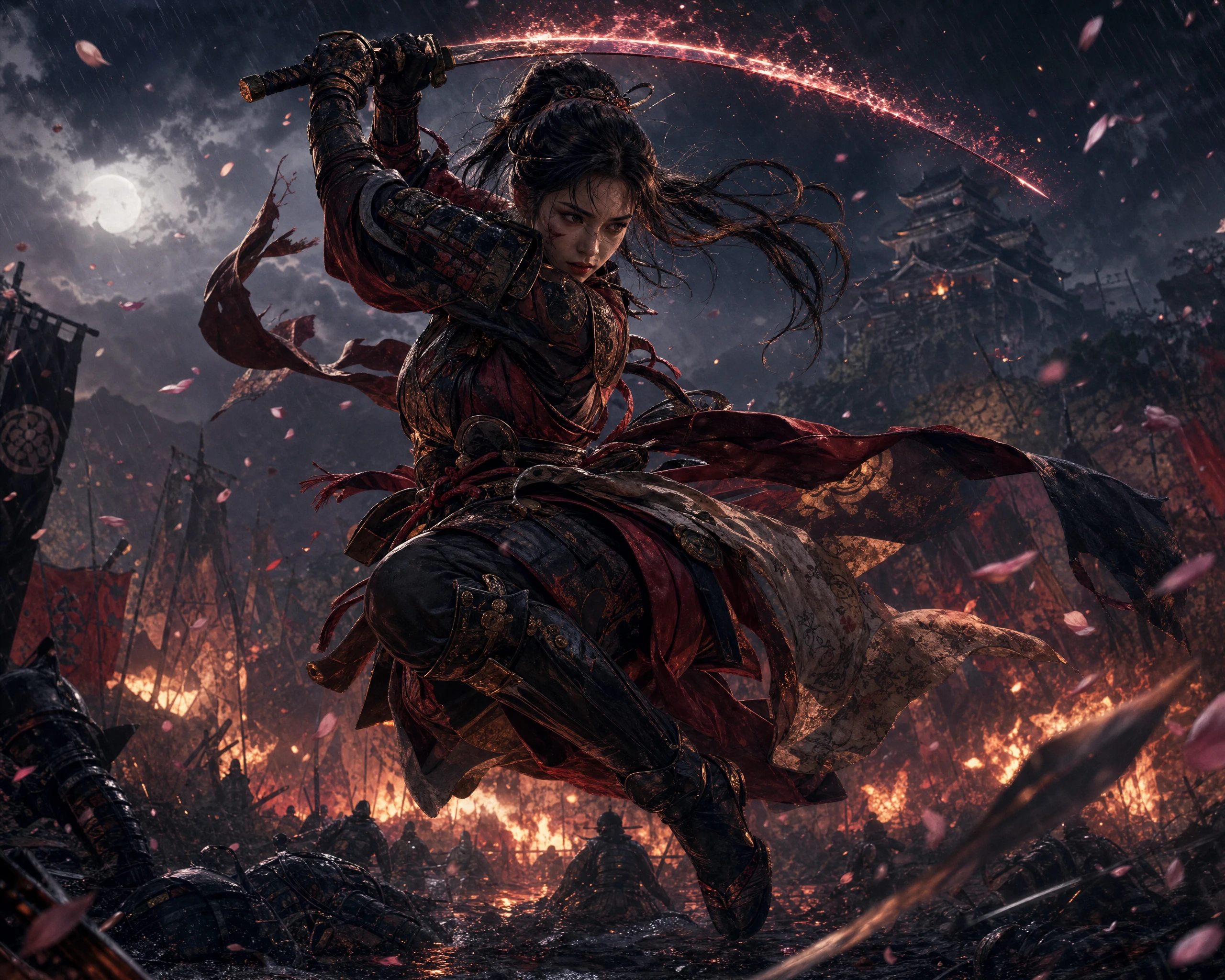 Female samurai leaping into battle on a stormy battlefield