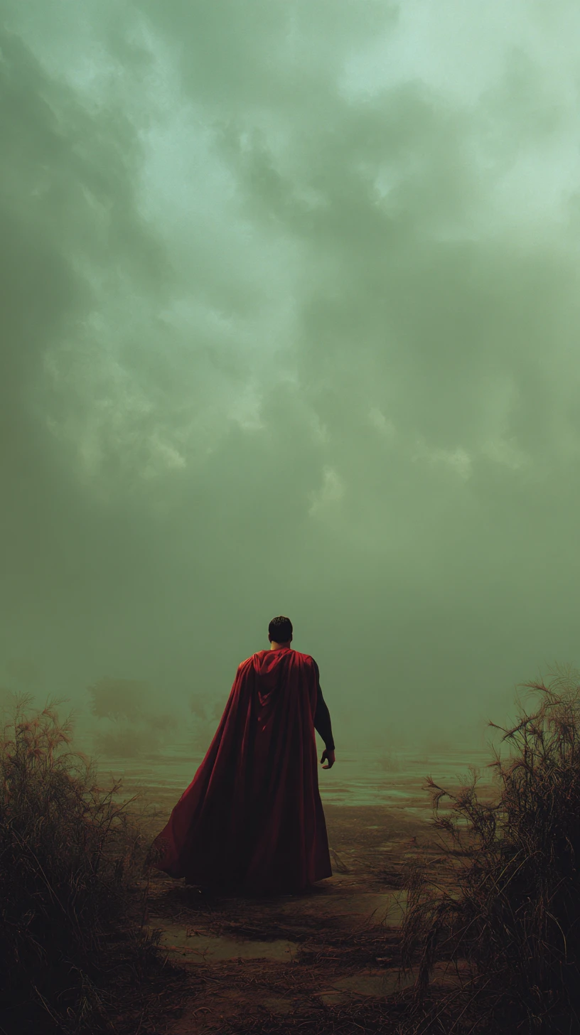 Faceless man standing alone in a desolate oasis