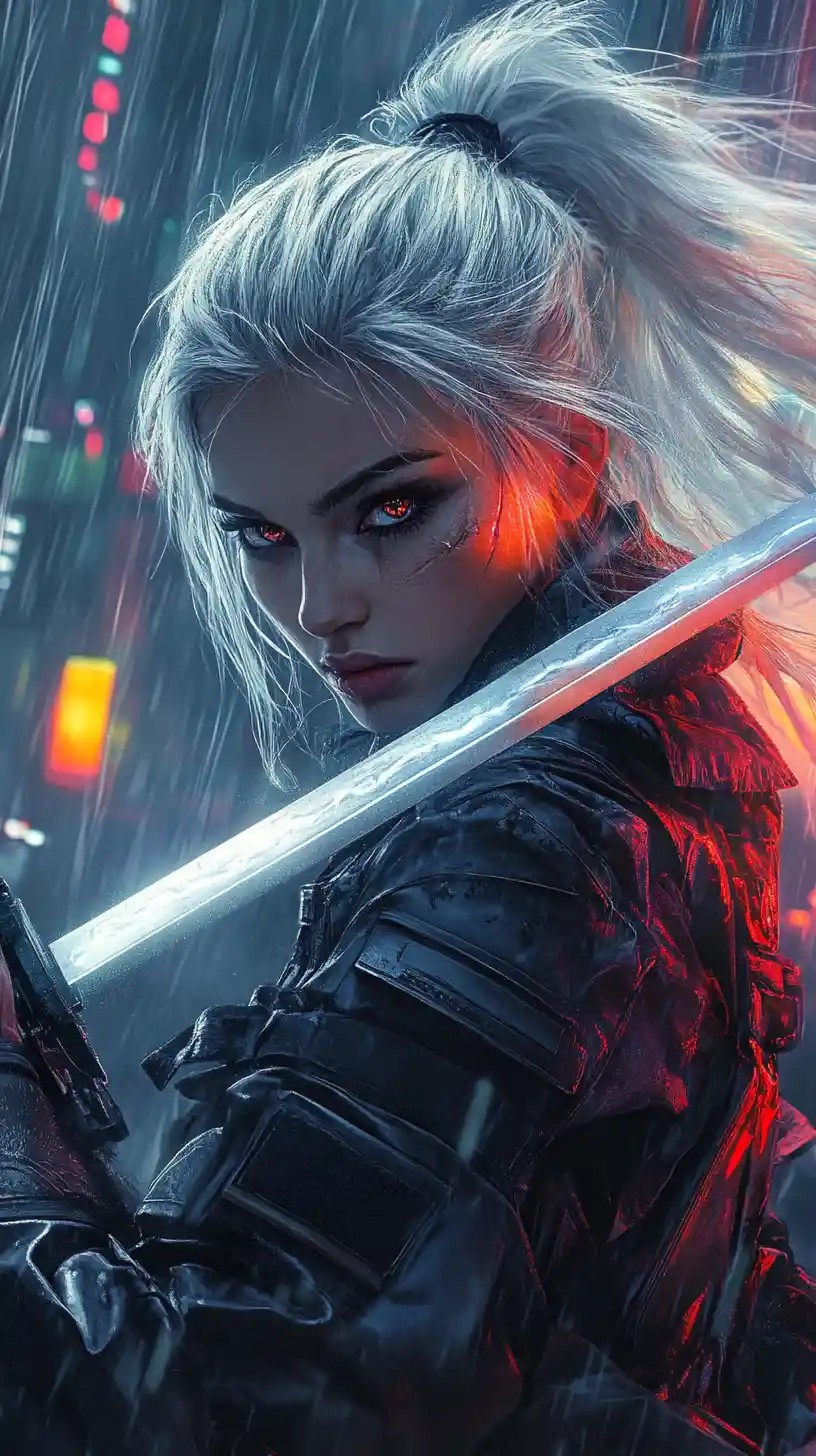 Cyberpunk warrior woman with glowing katana in the rain