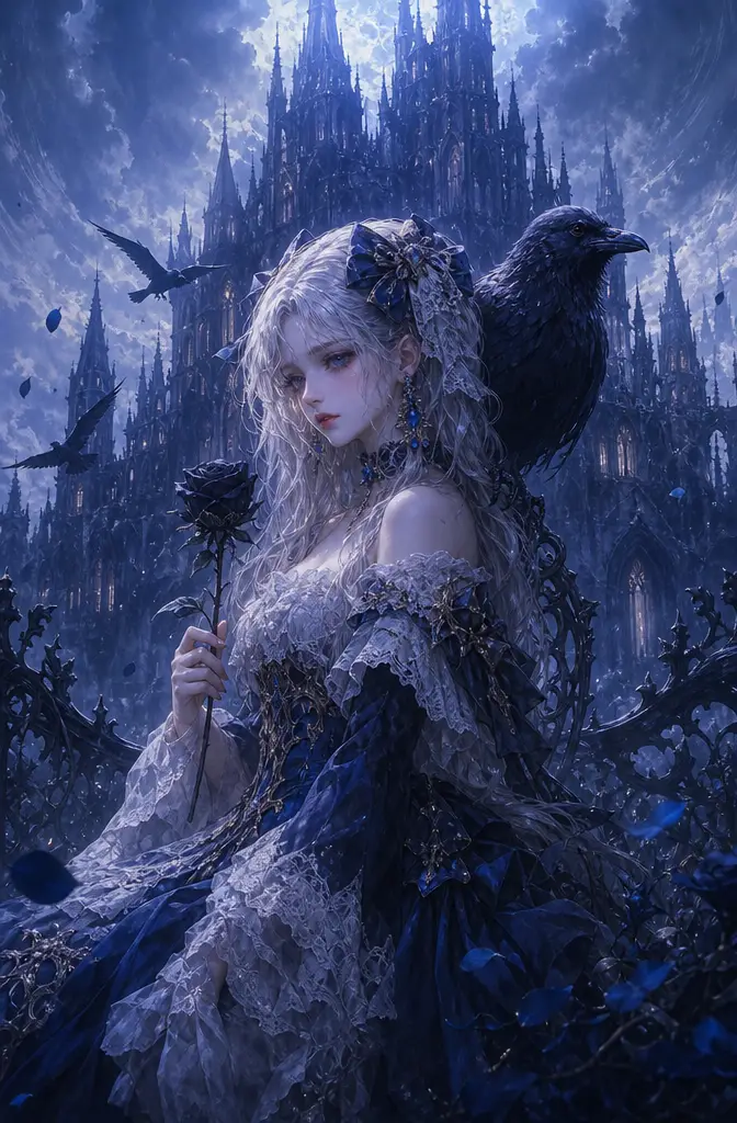 Gothic lady with raven and black rose before castle